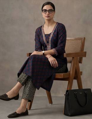 workwear women floral embroidered regular gotta patti cotton kurta with trousers & with dupatta 6
