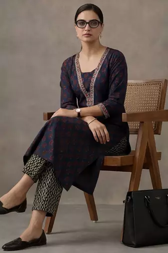 workwear women floral embroidered regular gotta patti cotton kurta with trousers & with dupatta