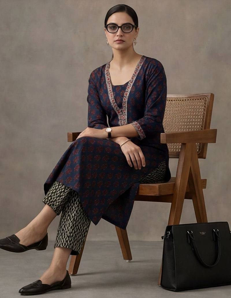 workwear women floral embroidered regular gotta patti cotton kurta with trousers & with dupatta