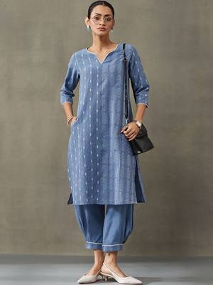classic women floral embroidered regular thread work cotton kurta with trousers 1