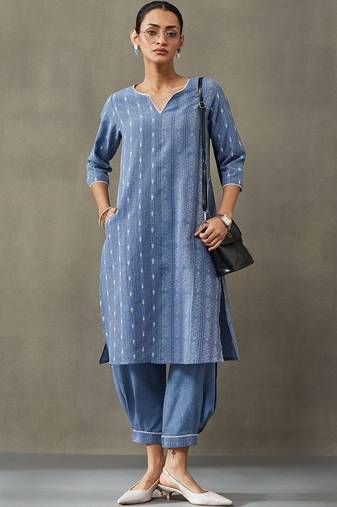 classic women floral embroidered regular thread work cotton kurta with trousers