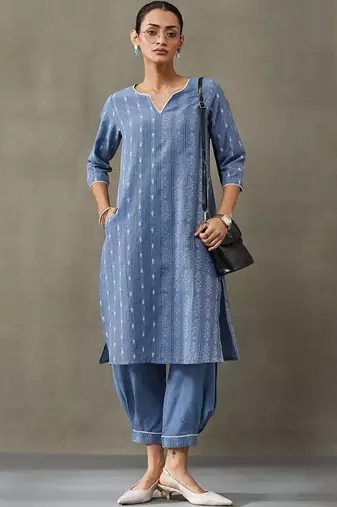 classic women floral embroidered regular thread work cotton kurta with trousers