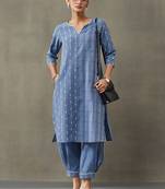 classic women floral embroidered regular thread work cotton kurta with trousers
