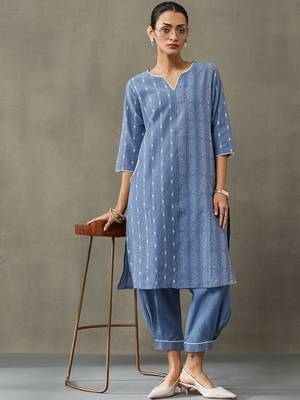 classic women floral embroidered regular thread work cotton kurta with trousers 2