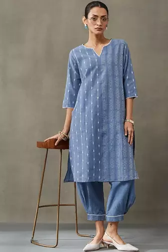 classic women floral embroidered regular thread work cotton kurta with trousers