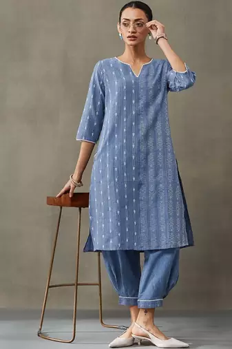 classic women floral embroidered regular thread work cotton kurta with trousers