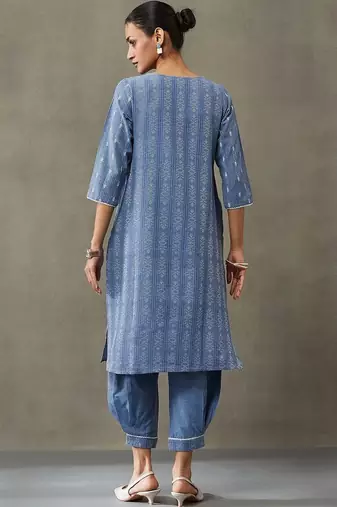 classic women floral embroidered regular thread work cotton kurta with trousers