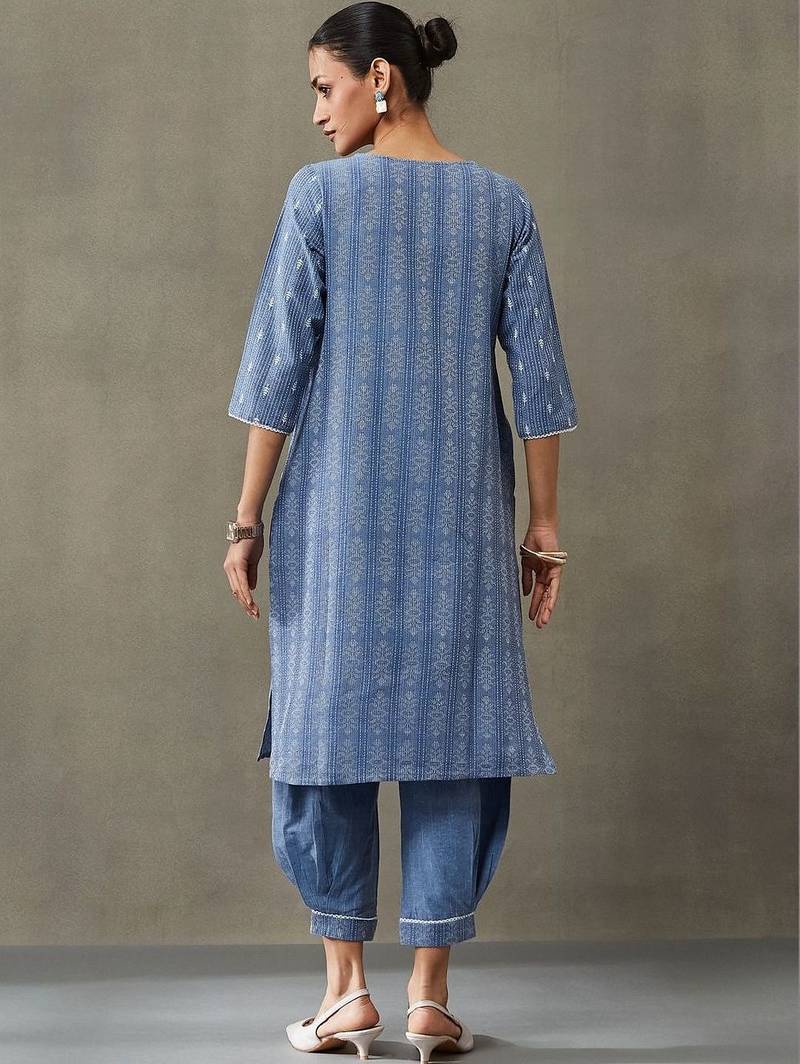 classic women floral embroidered regular thread work cotton kurta with trousers