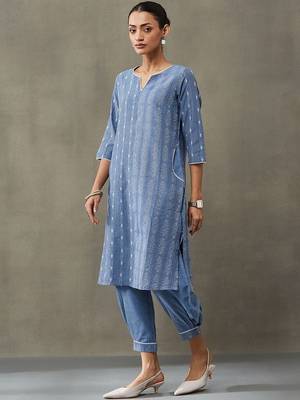 classic women floral embroidered regular thread work cotton kurta with trousers 5