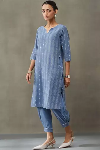 classic women floral embroidered regular thread work cotton kurta with trousers