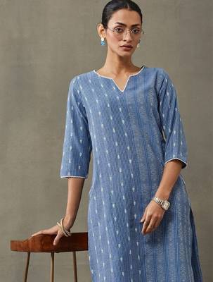 classic women floral embroidered regular thread work cotton kurta with trousers 6