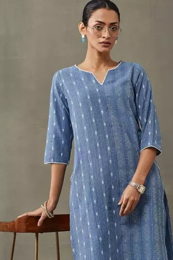 classic women floral embroidered regular thread work cotton kurta with trousers