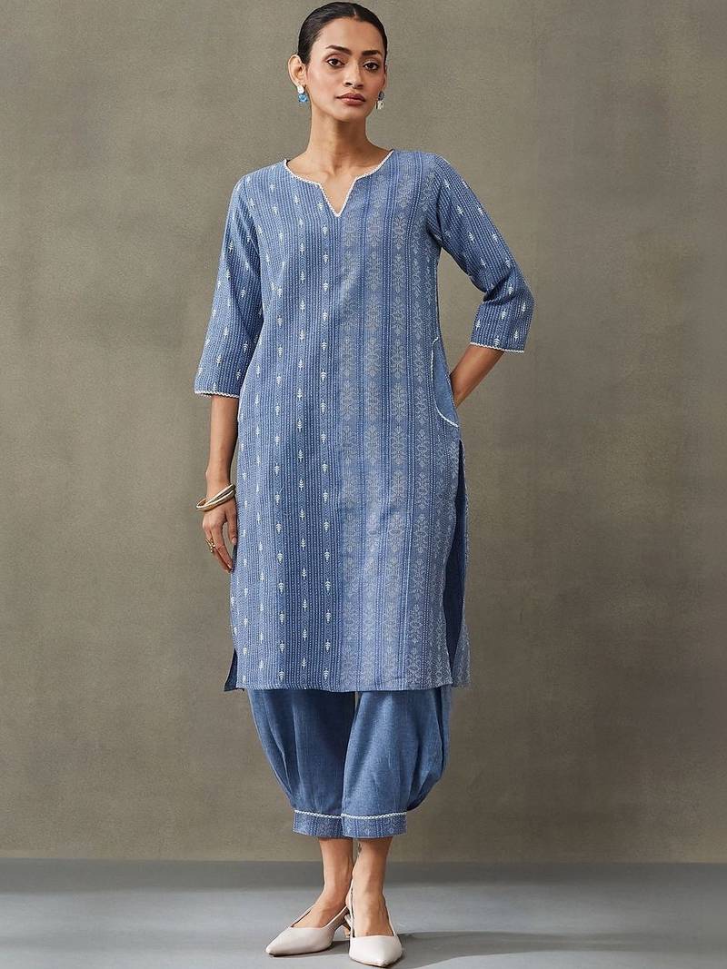 classic women floral embroidered regular thread work cotton kurta with trousers