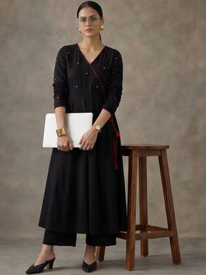 workwear women embroidered angrakha mirror work cotton kurta with trousers 1