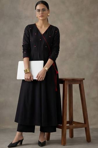 workwear women embroidered angrakha mirror work cotton kurta with trousers
