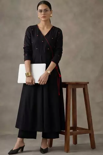 workwear women embroidered angrakha mirror work cotton kurta with trousers
