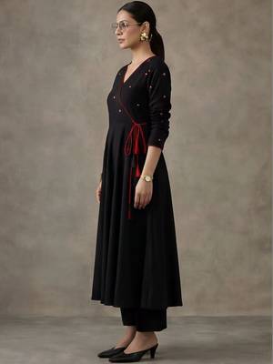 workwear women embroidered angrakha mirror work cotton kurta with trousers 4