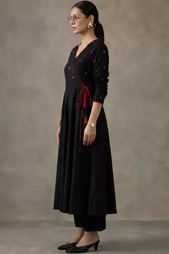workwear women embroidered angrakha mirror work cotton kurta with trousers