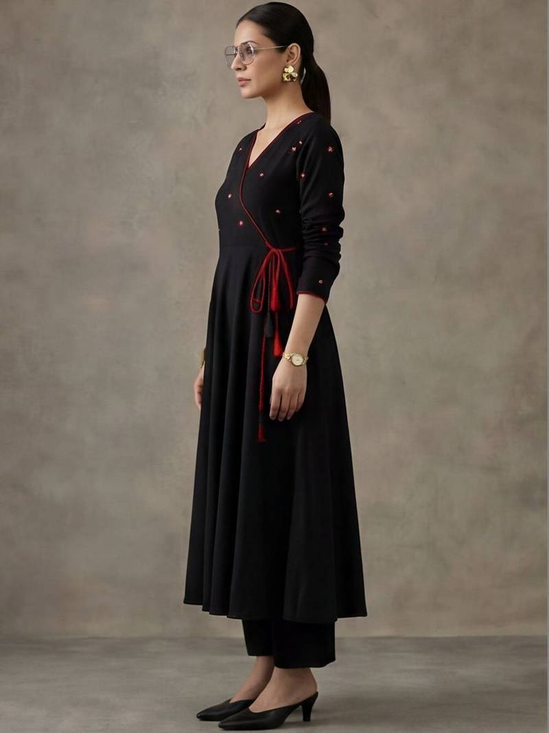 workwear women embroidered angrakha mirror work cotton kurta with trousers