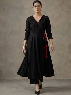 workwear women embroidered angrakha mirror work cotton kurta with trousers 6