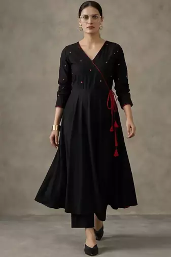 workwear women embroidered angrakha mirror work cotton kurta with trousers