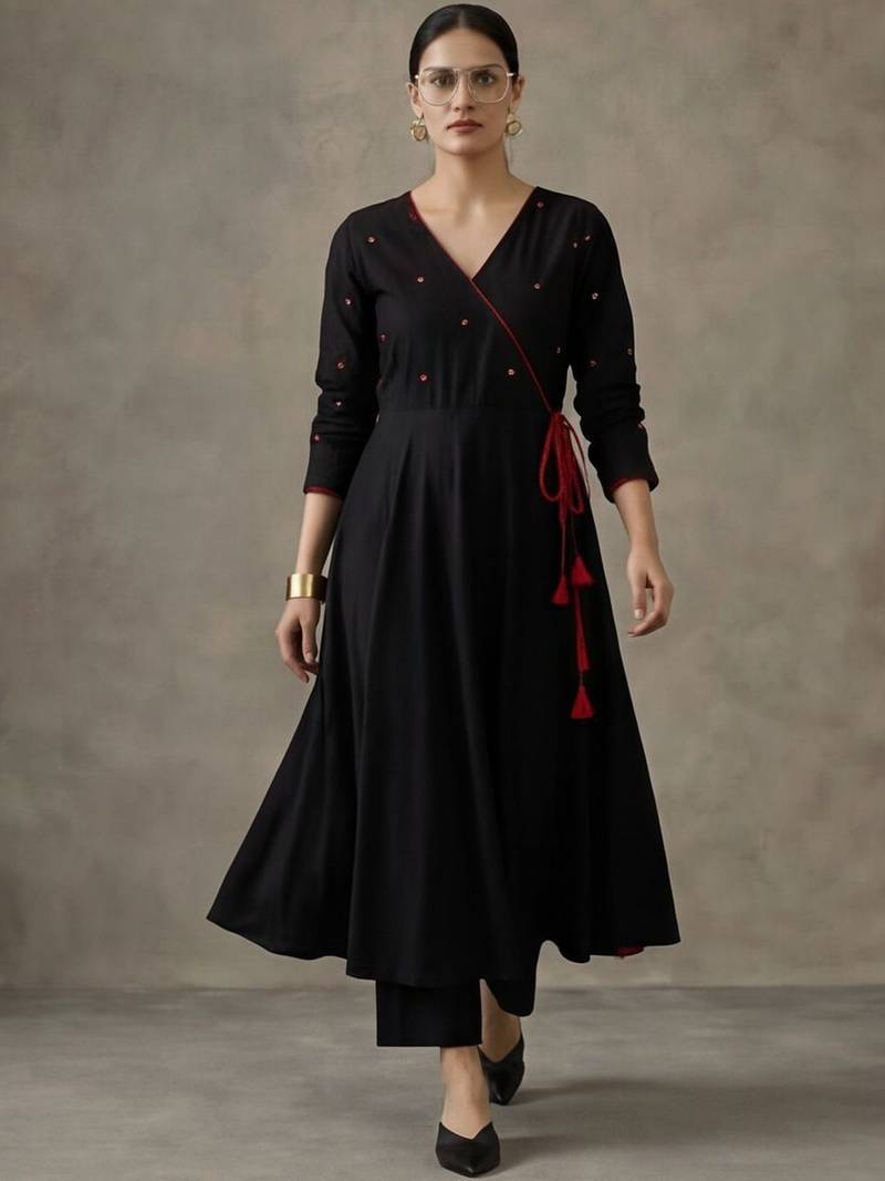 workwear women embroidered angrakha mirror work cotton kurta with trousers