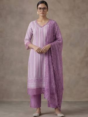 office women striped regular thread work cotton kurta with trousers & with dupatta 1