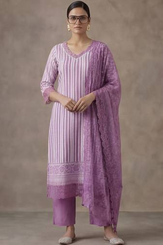 office women striped regular thread work cotton kurta with trousers & with dupatta