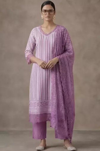 office women striped regular thread work cotton kurta with trousers & with dupatta
