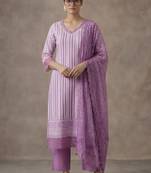 office women striped regular thread work cotton kurta with trousers & with dupatta
