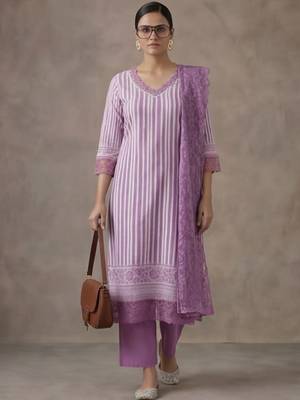 office women striped regular thread work cotton kurta with trousers & with dupatta 2