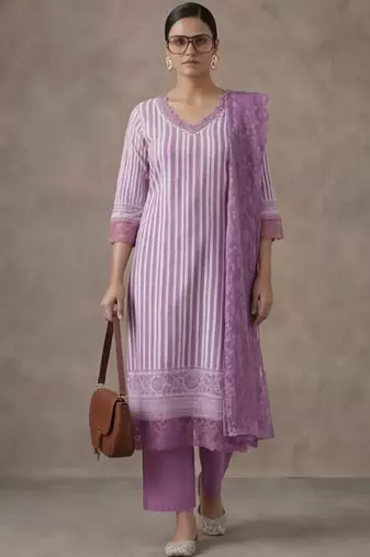 office women striped regular thread work cotton kurta with trousers & with dupatta