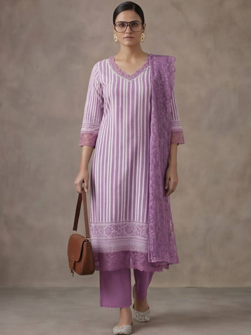 office women striped regular thread work cotton kurta with trousers & with dupatta