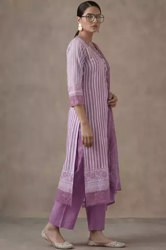 office women striped regular thread work cotton kurta with trousers & with dupatta