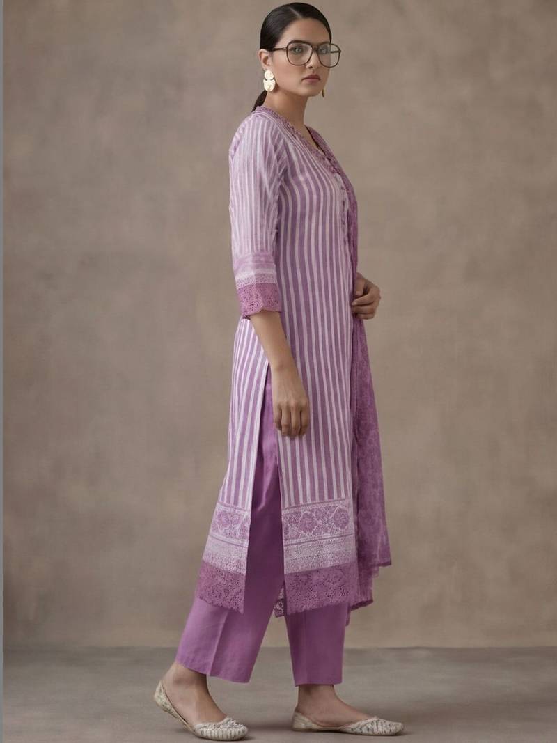 office women striped regular thread work cotton kurta with trousers & with dupatta
