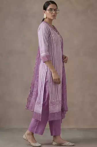office women striped regular thread work cotton kurta with trousers & with dupatta