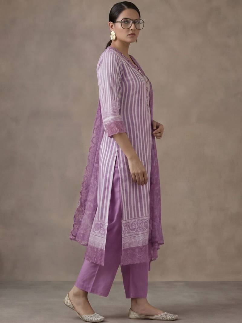 office women striped regular thread work cotton kurta with trousers & with dupatta