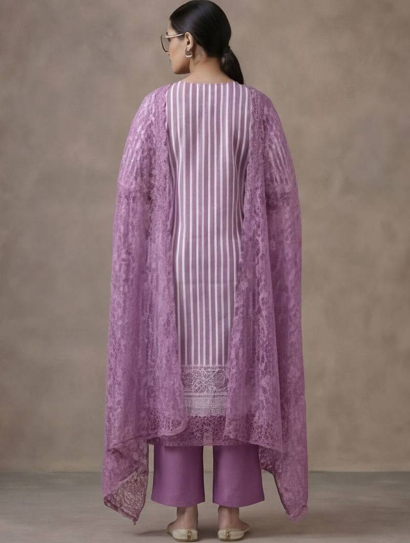 office women striped regular thread work cotton kurta with trousers & with dupatta