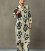 structured women floral embroidered regular thread work cotton kurta with trousers