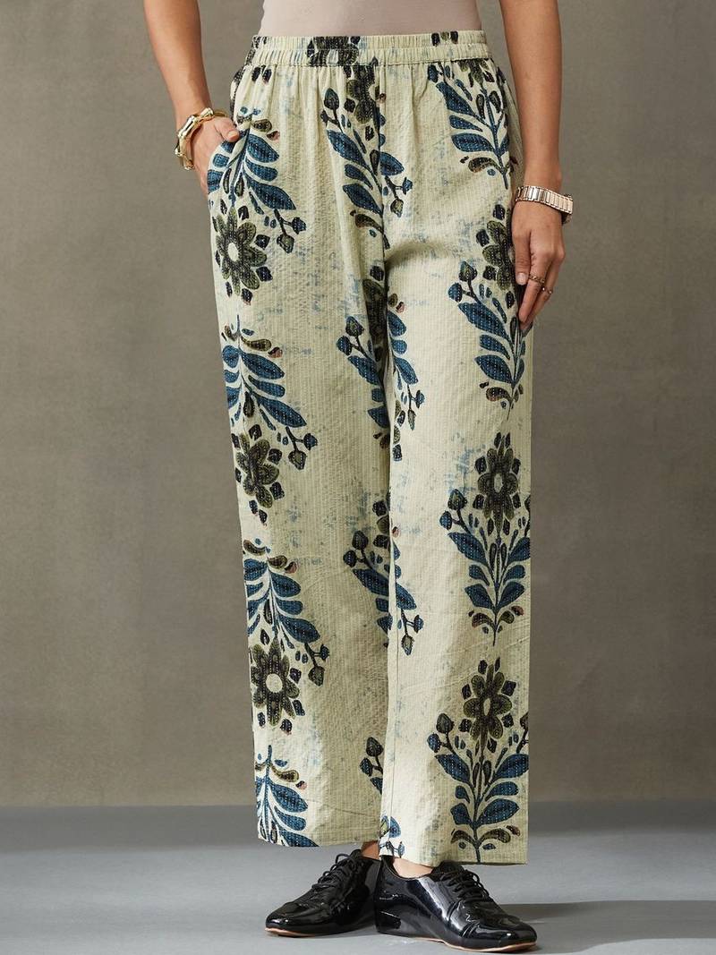 structured women floral embroidered regular thread work cotton kurta with trousers
