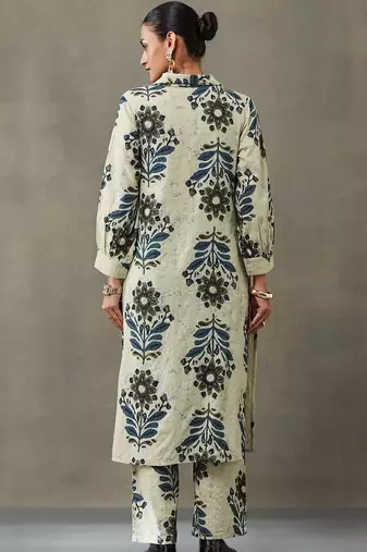 structured women floral embroidered regular thread work cotton kurta with trousers