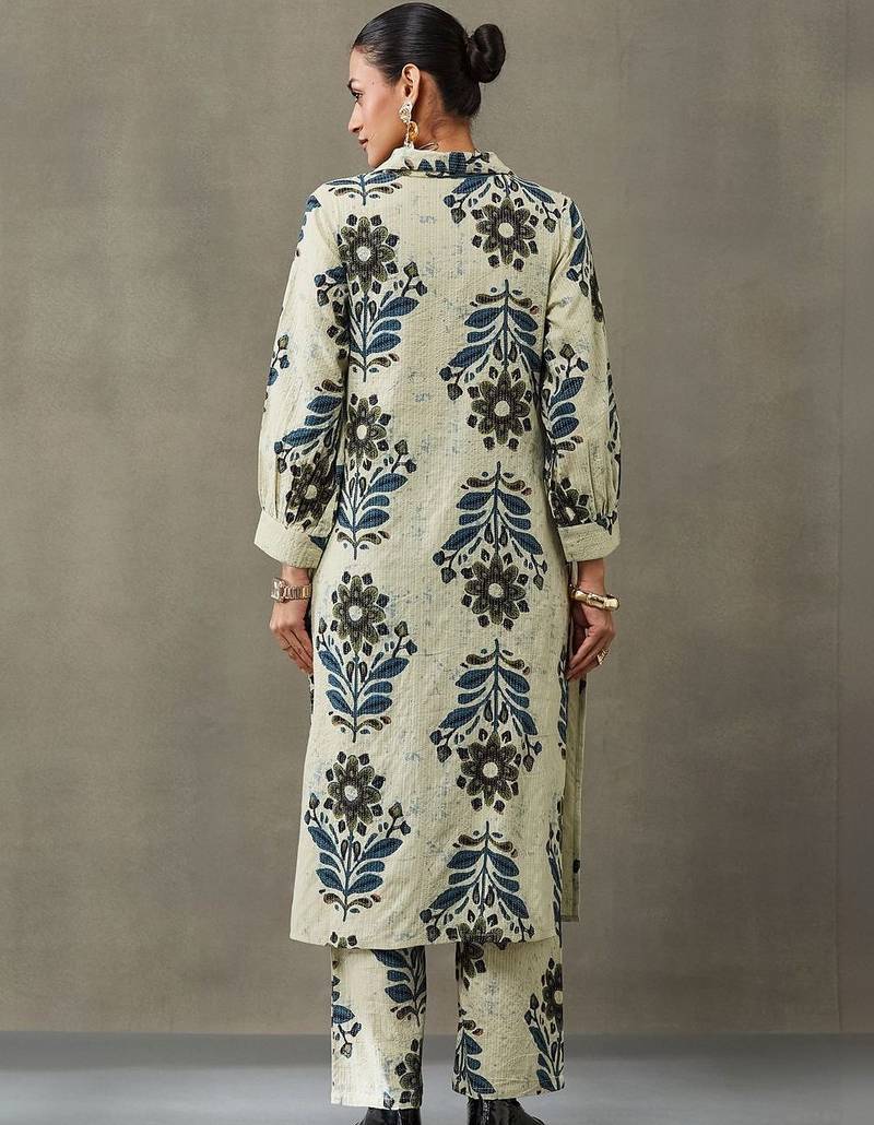 structured women floral embroidered regular thread work cotton kurta with trousers