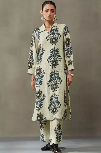 structured women floral embroidered regular thread work cotton kurta with trousers