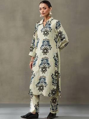structured women floral embroidered regular thread work cotton kurta with trousers 7