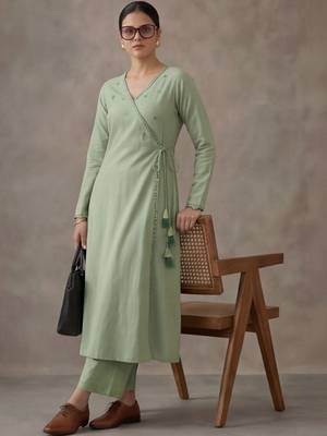 office women angrakha cotton kurta with trousers 1