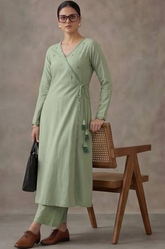 office women angrakha cotton kurta with trousers