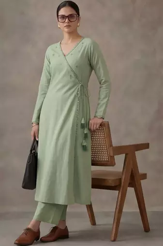 office women angrakha cotton kurta with trousers