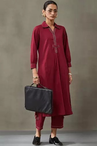 contemporary formal women regular thread work cotton kurta with trousers