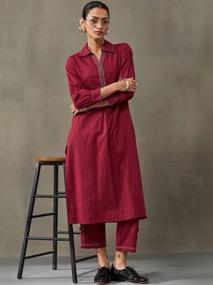 contemporary formal women regular thread work cotton kurta with trousers 2