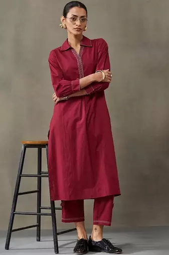 contemporary formal women regular thread work cotton kurta with trousers